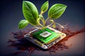 Ecological concert. Green sprout from a computer processor. Generative AI, Generative, AI
