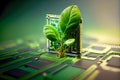 Ecological concert. Green sprout from a computer processor. Generative AI, Generative, AI