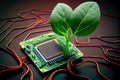 Ecological concert. Green sprout from a computer processor. Generative AI, Generative, AI