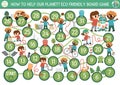 Ecological dice board game for children with kids caring of environment. Earth day boardgame. Waste recycling printable activity