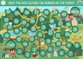 Ecological dice board game for children with kids gathering rubbish in the forest. Earth day boardgame. Waste recycling printable