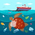 Ecological disaster on an oil tanker and the release of oil into the ocean against the background