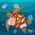 Ecological disaster of plastic garbage in the ocean. A large turtle entangled in a net and eats plastic garbage