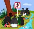 Ecological disaster from plastic waste in the forest. forest landscape garbage dump and trash bags in the river. Stop trash sign Royalty Free Stock Photo