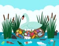 Ecological disaster of plastic waste in the river. Swan hatching eggs in a nest full of plastic garbage on the