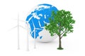 Ecological Energy Concept. Wind Turbine Windmills, Earth Globe and Green Tree. 3d Rendering Royalty Free Stock Photo