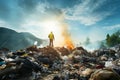 Ecological engineer confronts a mountain of degraded waste and garbage Royalty Free Stock Photo