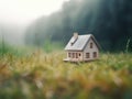 Ecological green wood model house in empty field Royalty Free Stock Photo