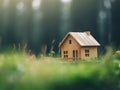 Ecological green wood model house in empty field Royalty Free Stock Photo