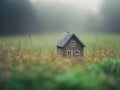 Ecological green wood model house in empty field Royalty Free Stock Photo