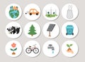 Ecological highlight icons set with cute planet, waste recycling, seeding, alternative energy concept. Vector Earth day round