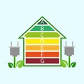 Ecological house with energy classification. Environmentally friendly world. Vector illustration. Royalty Free Stock Photo