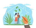 Ecological house. Happy family in green home, man and woman in smart greenhouse, recycling sign, eco bio construction Royalty Free Stock Photo