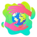 Ecological illustration. Earth day. The hands of the person hugging the planet Earth. Care and love planet. Ecological thinking.