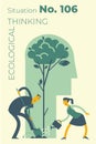 Ecological illustration. Earth day. Man and woman water, care for, and take care of the tree. Silhouette of a man`s head with a gr