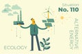 Ecological illustration. Man chooses between polluting and clean energy. Alternative types of energy. Eco city. Global warming. En