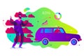 Ecological illustration. Not eco-friendly transport. A man suffocates with the exhaust gases of a car. Pollution of the planet. Royalty Free Stock Photo