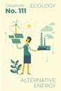 Ecological illustration. Woman chooses between polluting and clean energy. Alternative types of energy. Eco city. Global warming.