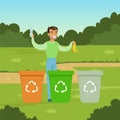 Ecological lifestyle concept with man throwing out garbage