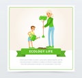 Ecological lifestyle concept with mom and son planting a tree