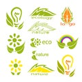 Ecological logo or icon set with green leaves, light bulb, rainbow, flowers and stylized leaves. Royalty Free Stock Photo