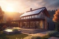 ecological luxury house with solar panels on the roof. Generative AI