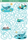 Ecological maze for children with endangered animal concept. Save the whale game. Earth day preschool activity. Eco awareness Royalty Free Stock Photo