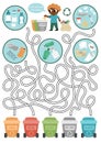 Ecological maze for children with kid sorting out the rubbish. Earth day preschool activity. Eco awareness or zero waste labyrinth Royalty Free Stock Photo