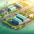 Ecological Plant with Tanks and Wind mills. 3d cartoon style. Generative AI