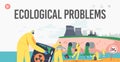 Ecological Problem Landing Page Template. Ocean Oil Pollution, Characters in Protective Suits and Masks Cleaning Beach