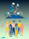 Ecological problem. People are hiding under an umbrella from bad habits. In minimalist style Cartoon flat raster