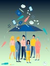 Ecological problem. People are hiding under an umbrella from bad habits. In minimalist style Cartoon flat Vector