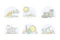 Ecological problems set. Sewage pollution, drought, oil spill, global warming, mining, air pollution vector illustration