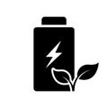 Ecological Rechargeable Accumulator with Leaf and Lightning Silhouette Icon. Renewable Battery Glyph Pictogram. Eco