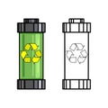 Ecological recyclable battery. Set of outline cartoon battery with recycling symbol on a white background. Recharged natural