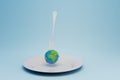 ecological resources of the planet. a plate with a planet pricked on a fork on a blue background. 3D render