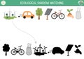 Ecological shadow matching activity with alternative energy sources and transport. Earth day puzzle. Find correct silhouette