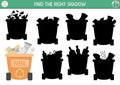 Ecological shadow matching activity with waste sorting concept. Earth day puzzle. Find correct silhouette printable worksheet or