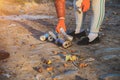 Ecological sport plogging. Man tins cans Royalty Free Stock Photo
