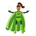 Ecological superhero black woman in green costume and ponytale, eco concept Illustration Royalty Free Stock Photo