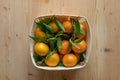 Ecological tangerine basket on a light wooden base