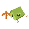 Ecological tourism icon isometric vector. Green tourist tent and wooden signpost Royalty Free Stock Photo