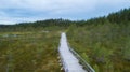 Ecological trail path - route walkways laid in the swamp. Aerial view of wooden walkway.