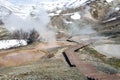 Ecological trail for tourists in the Valley of Geysers in Kamchatka in spring