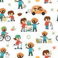 Ecological vector seamless pattern with children. Cute eco friendly repeat background. Boys and girls saving water, energy,