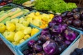 Ecological vegetable market in Croatia, stall with fresh pepper, lettuce, corn cobs and eggplants Royalty Free Stock Photo