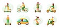 Ecological vehicles. Electric car. Motorcycle and bicycle. Battery icons. Transport power. People on scooters. Persons