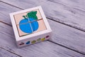 Ecological wooden cubes with fruits. Colorful geometric figures on the wooden background. Royalty Free Stock Photo