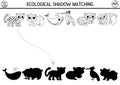 Ecological z black and white shadow matching activity with endangered species. Earth day puzzle. Find correct silhouette printable