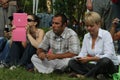 Ecologists Suren Gazaryan and Evgenia Chirikova at a meeting of activists in the Khimki forest